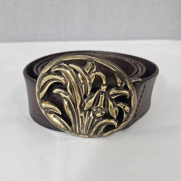 VTG Mossimo XL Brown Leather 2" Belt with Iris Floral Brass Tone Post Buckle - Picture 6 of 6